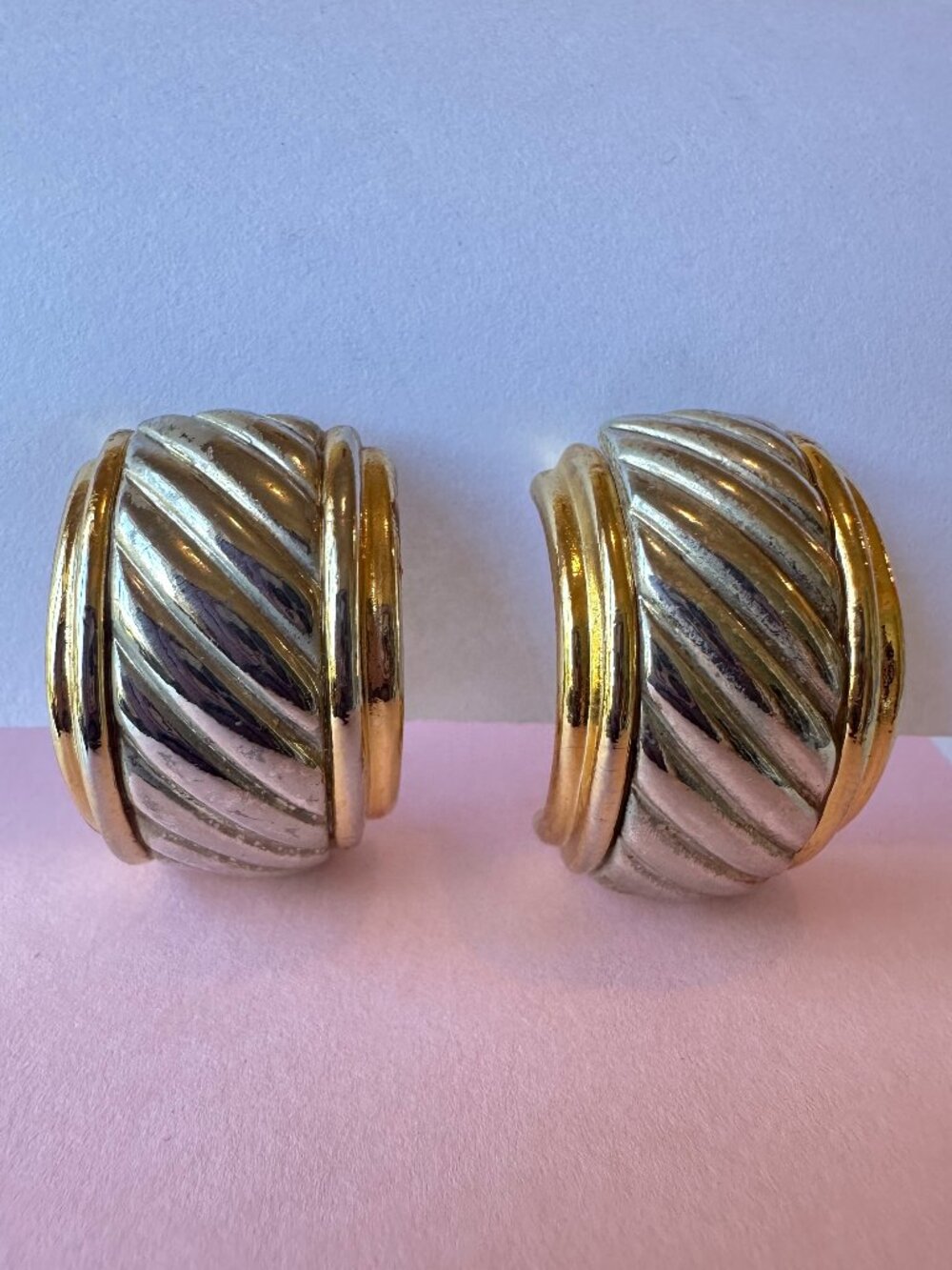 Vintage 1980s Two Tone Gold Silver Ribbed Chunky Clip On Earrings